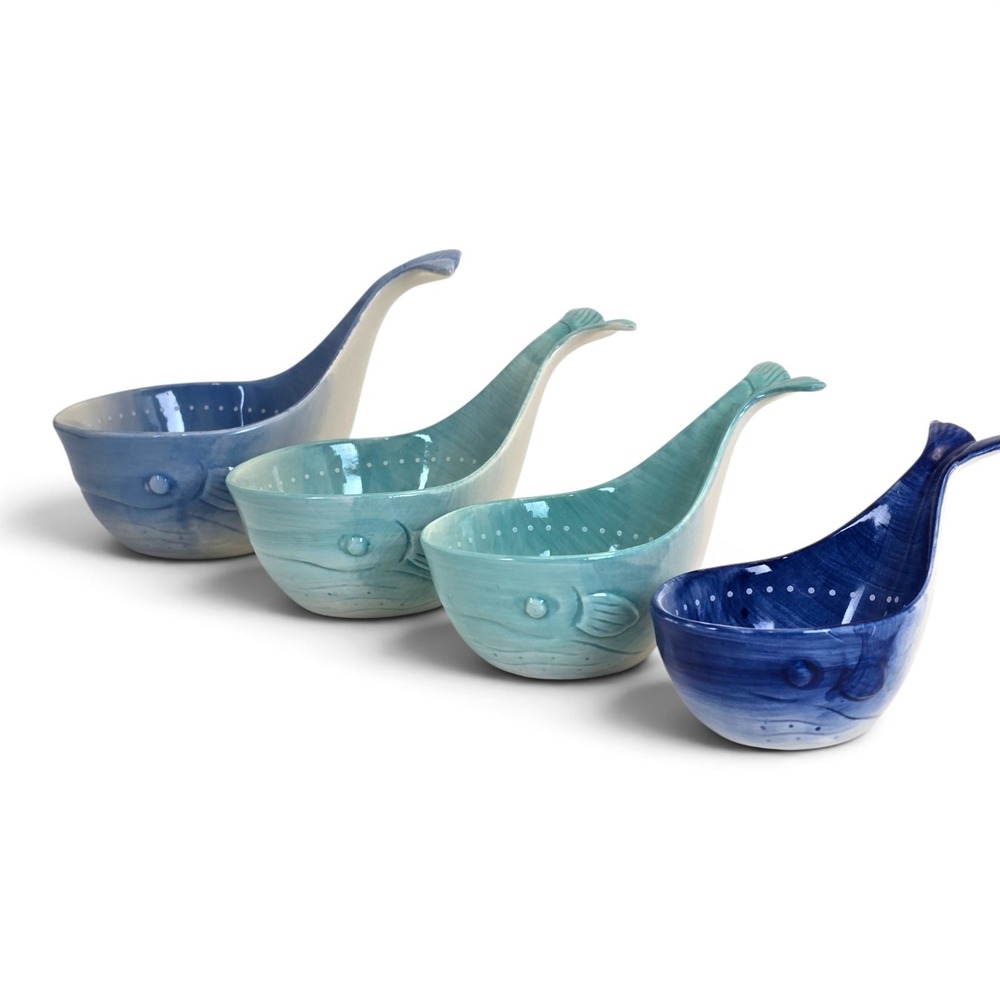 Anthropologie Whale Tail Measuring Cups Set of 4 Ceramic Nesting Coastal Retired